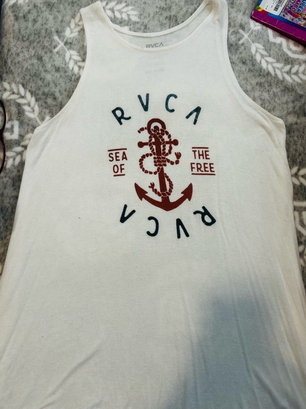 RVCA White Tank Top with Blue Text and Rust Anchor Graphic